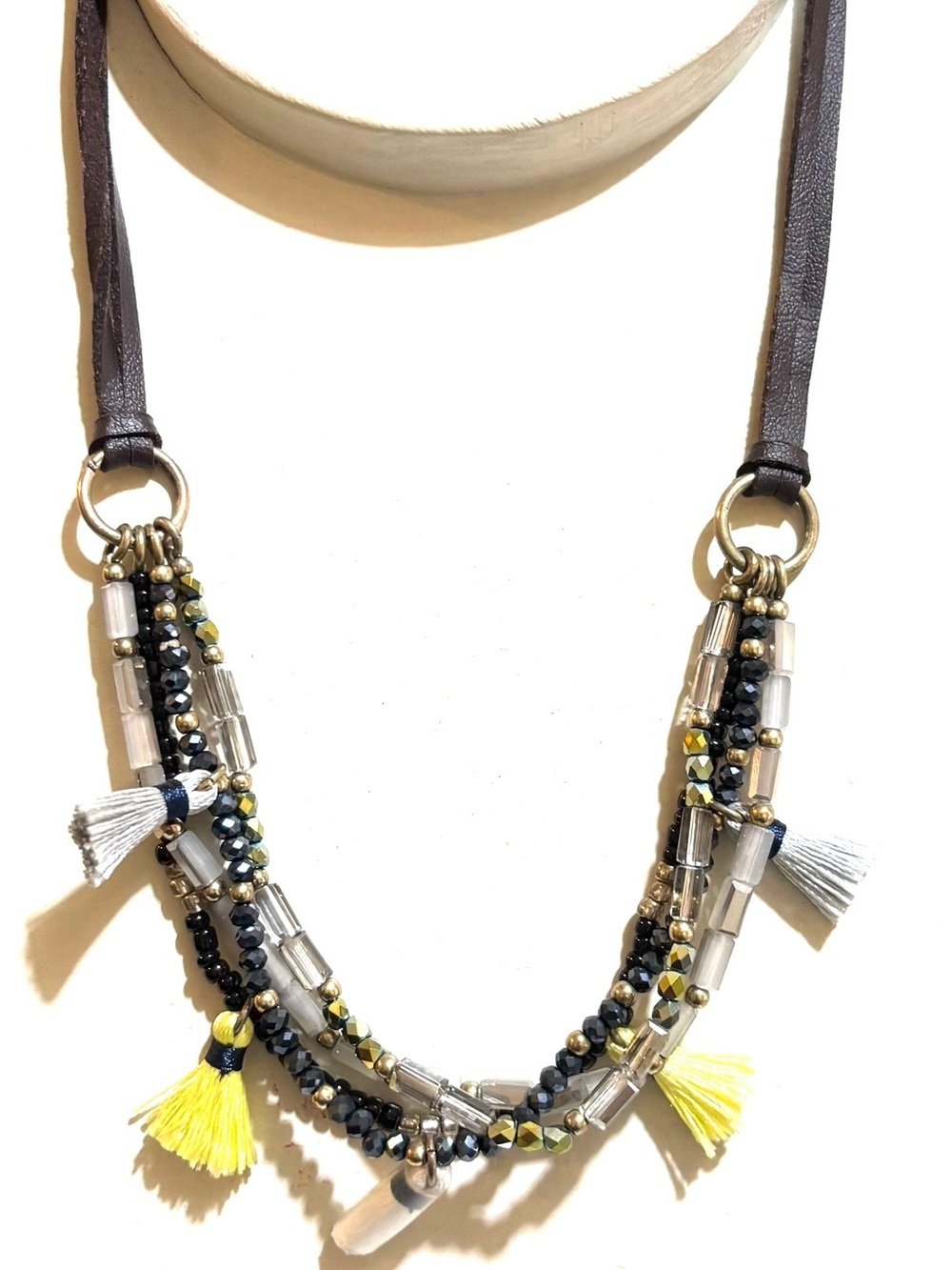 Multi-Strand Beaded Tassel Necklace - Yellow, Gray & Black
